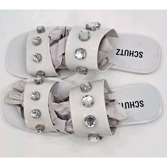 Schutz Lizzie White Jelly Crystal Embellished Flat Slide Sandal Size EU 39 US 9 - Picture 2 of 7